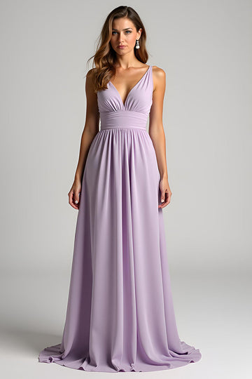 Mousseline de soie lilas Une ligne froncée col en V Robe de demoiselle d’honneur avec cravate au dos